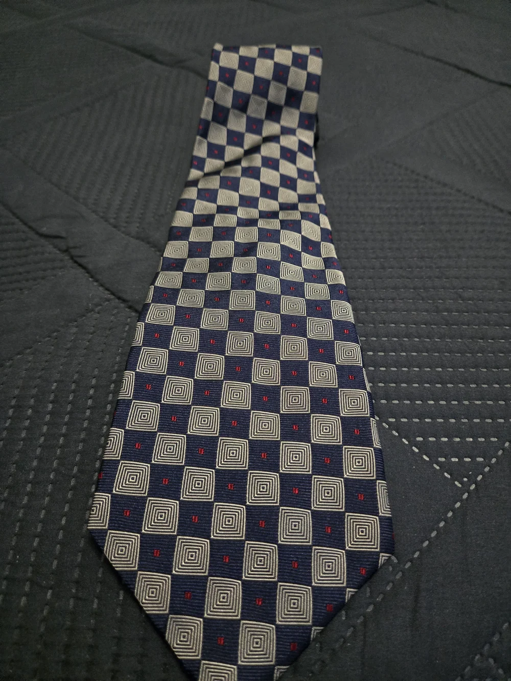 Polo By Ralph Lauren Classic Men's Navy Checker Silk Tie with Red Accents #581